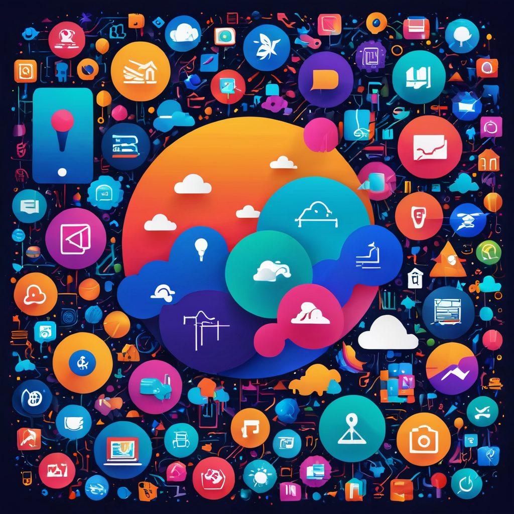 A vibrant collage representing the digital landscape, showcasing various online services and solutions like streaming, tutorials, and community interactions. Include abstract icons symbolizing connectivity, creativity, and innovation, intertwined with imagery of a modern, user-friendly interface. Use bright colors and engaging visuals to evoke excitement and exploration. futuristic digital art. vibrant colors. 3D elements.