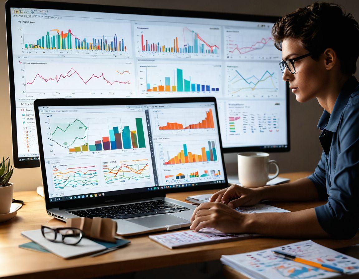 A person sitting at a modern desk, focused on a laptop screen displaying the XMXX platform, surrounded by colorful charts and graphs representing maximized services and solutions. Include elements like a notepad with handwritten notes and a coffee cup for a productive atmosphere. Soft light illuminating the workspace enhances a sense of clarity and focus. The background features abstract technology motifs. super-realistic. vibrant colors.